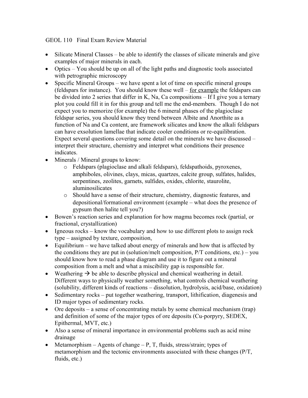 GEOL 102 Final Exam Review Material