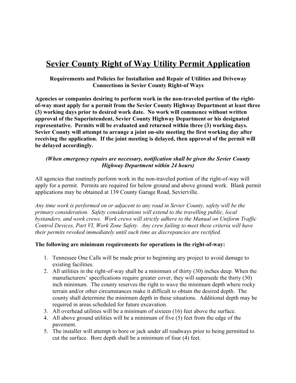 Sevier County Right of Way Utility Permit Application