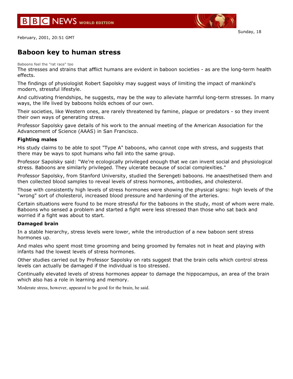 Baboon Key to Human Stress