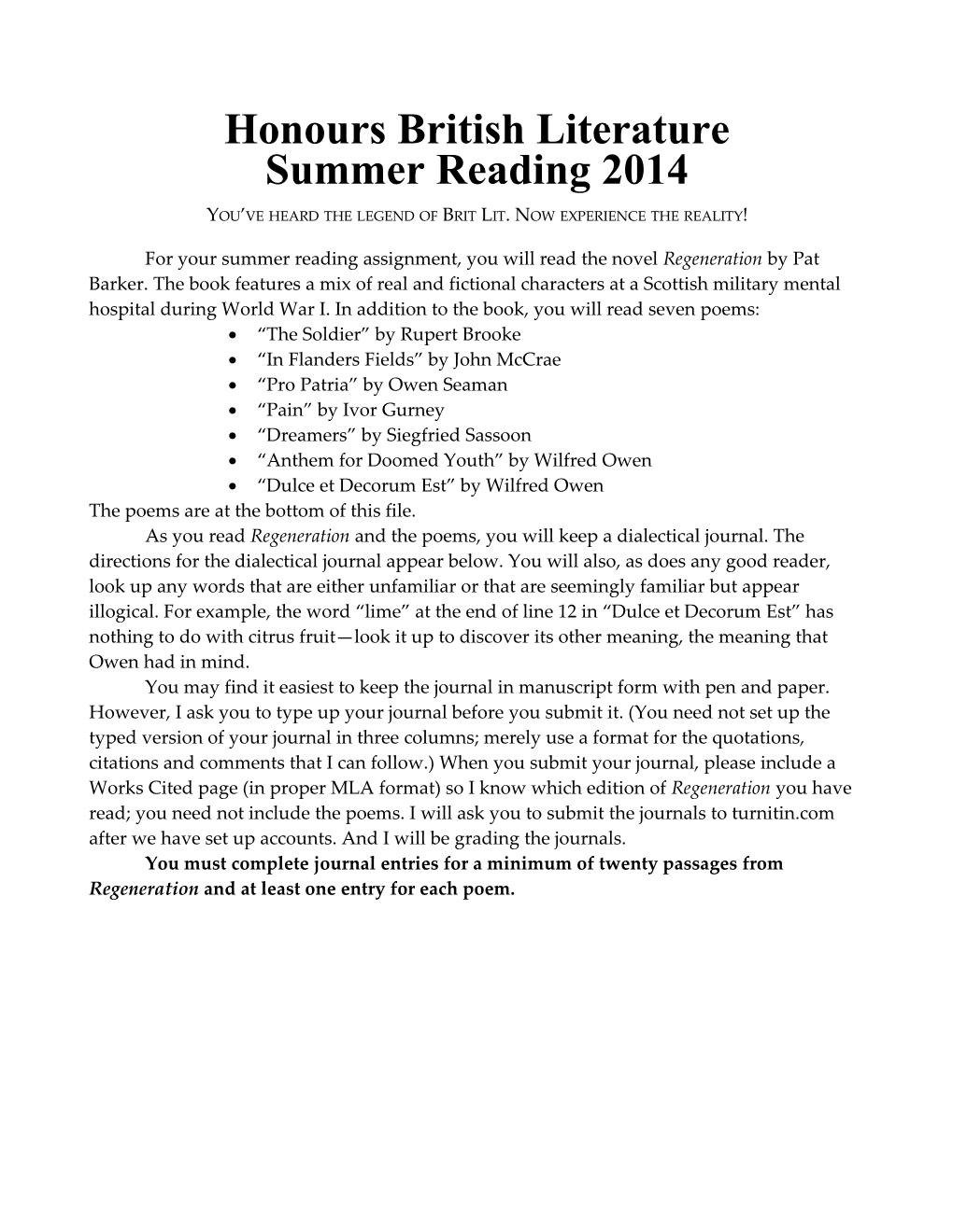 Honours British Literature Summer Reading 2014