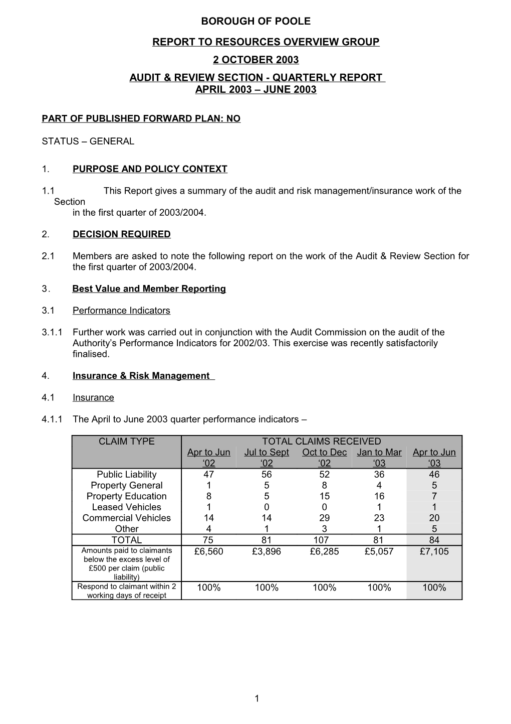 Audit & Review Section - Quarterly Report April 2003 - June 2003