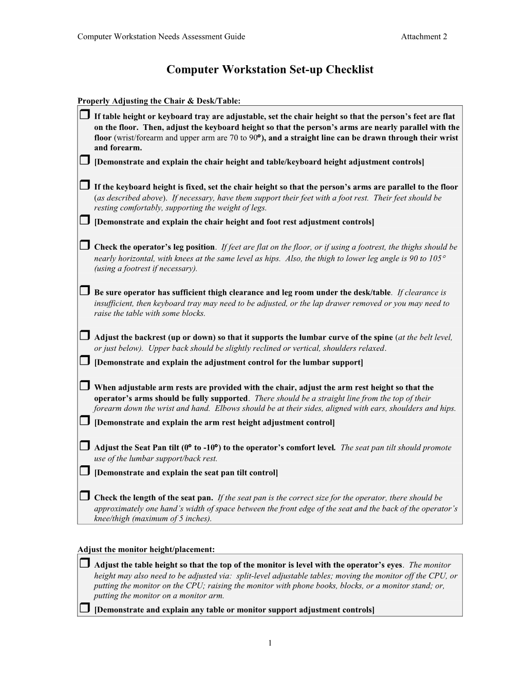 Computer Workstation Set-Up Checklist