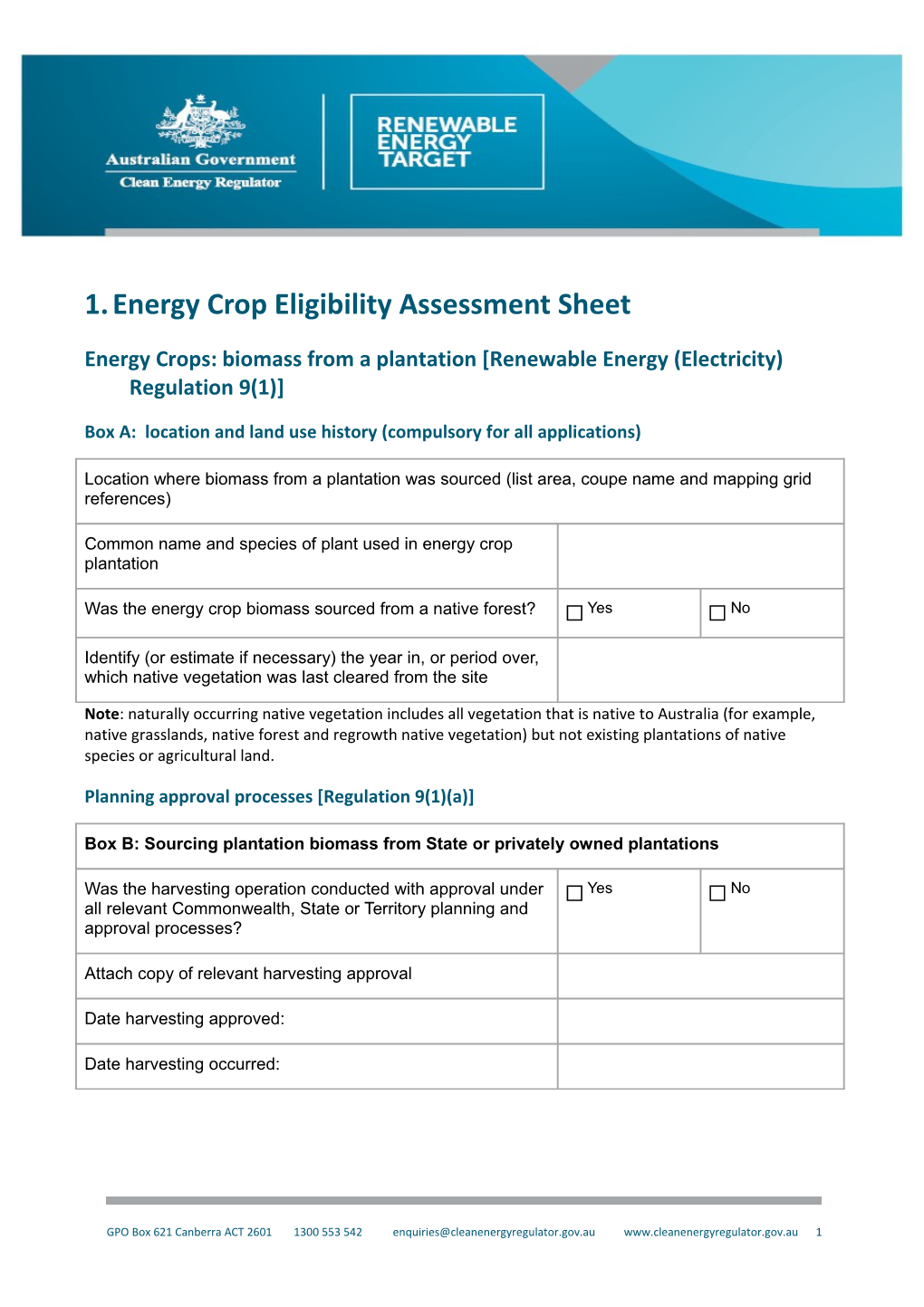Energy Crop Eligibility Assessment Sheet