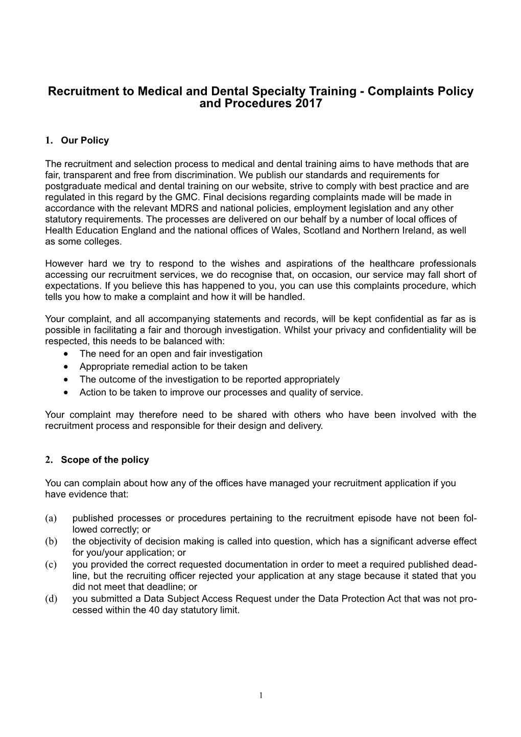 Recruitment to Medical and Dental Specialty Training - Complaints Policy and Procedures 2017