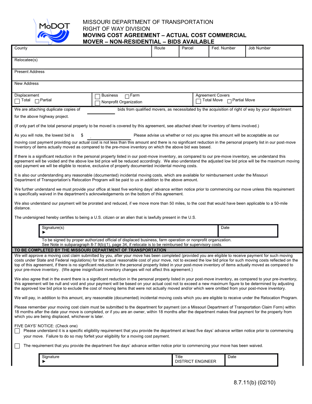 Moving Cost Agreement Actual Cost Commercial Mover Bids Form 236.8.7.11.B