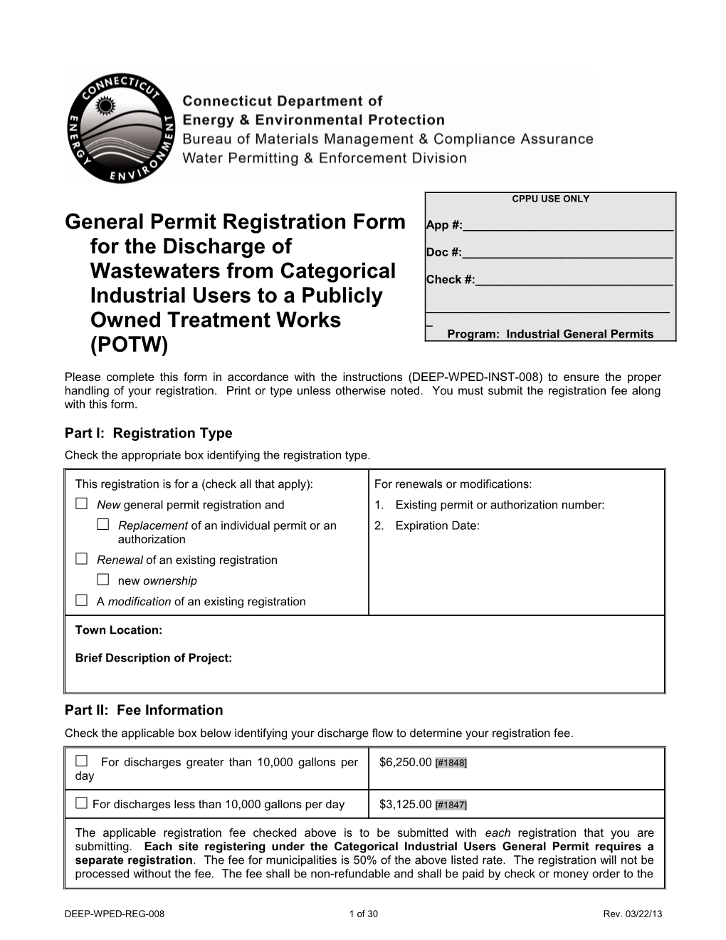 General Permit Registration Form for the Discharge of Wastewaters from Categorical Industrial