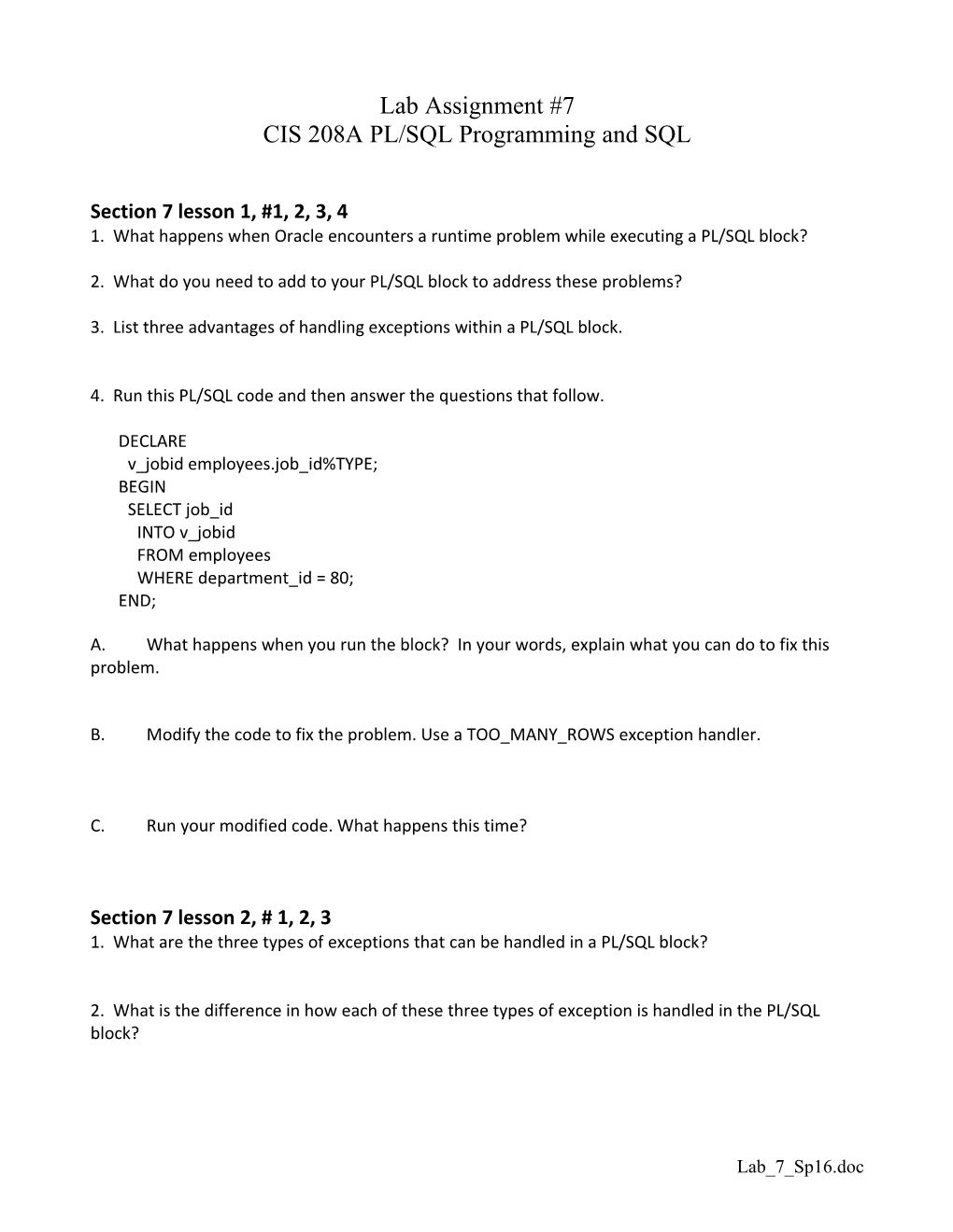 Lab Assignment #7 CIS 208A PL/SQL Programming and SQL