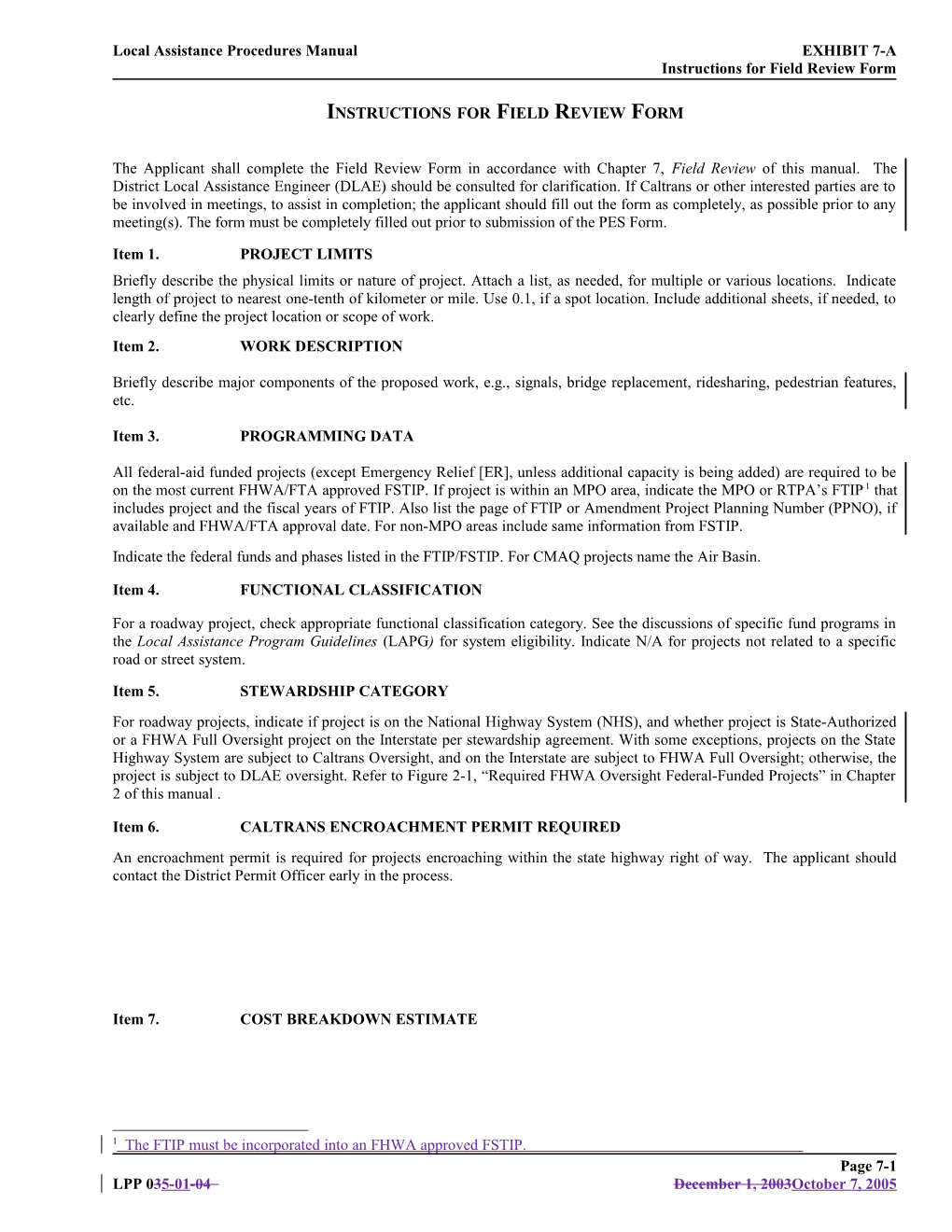 Instructions for Field Review Form