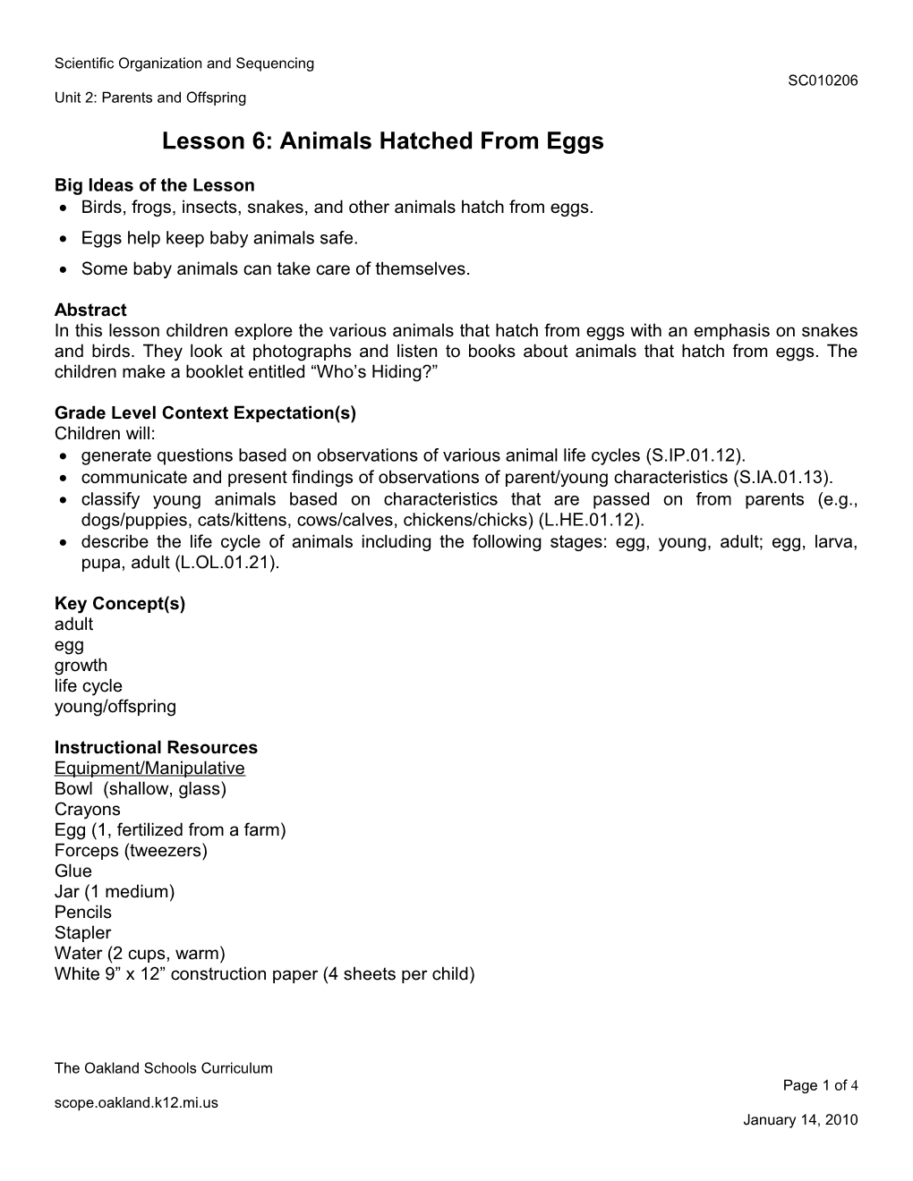 Lesson 6: Animals Hatched from Eggs