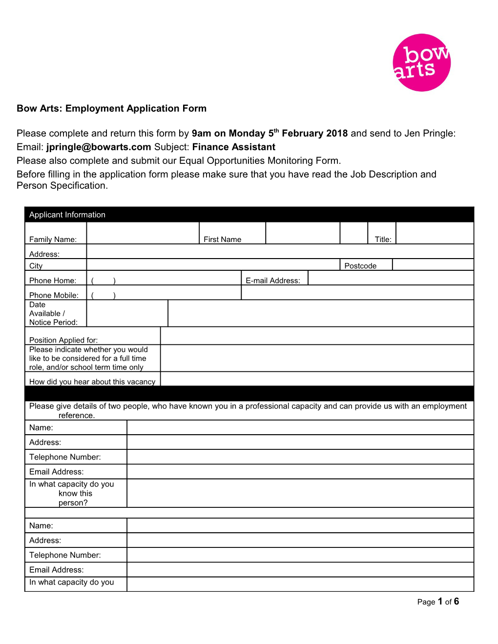 Bow Arts: Employment Application Form