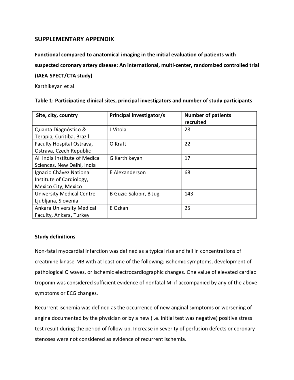 Table 1: Participating Clinical Sites, Principal Investigators and Number of Study Participants