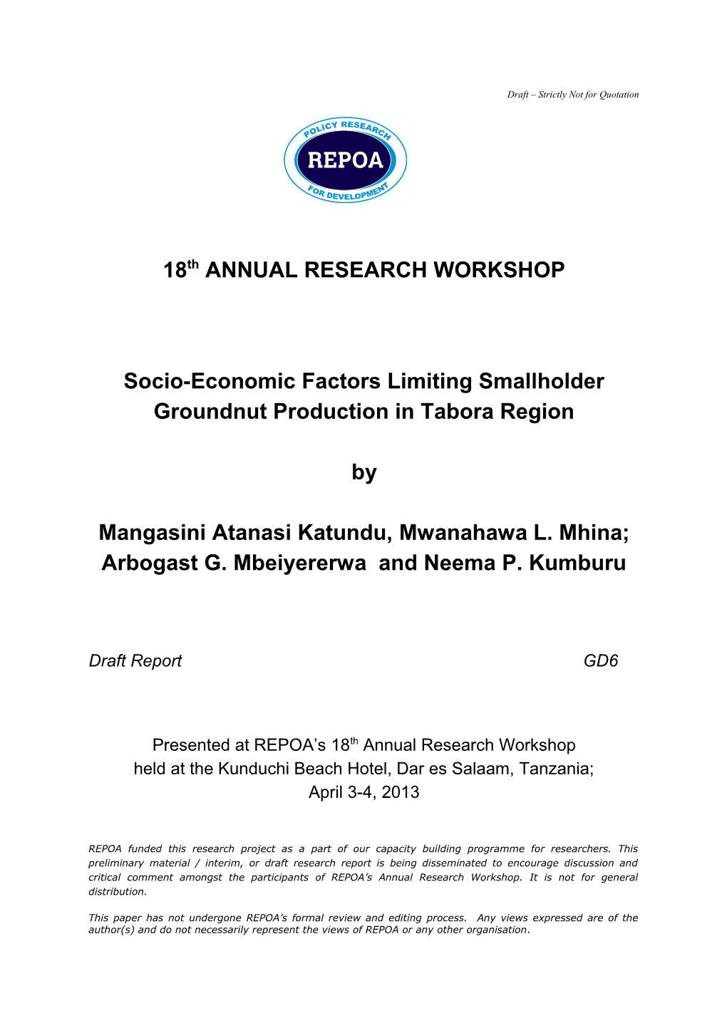 Socio-Economic Factors Limiting Smallholder Groundnut Production in Tabora Region