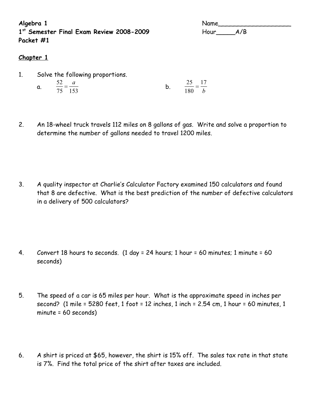 1St Semester Final Exam Review 2008-2009 Hour_____A/B