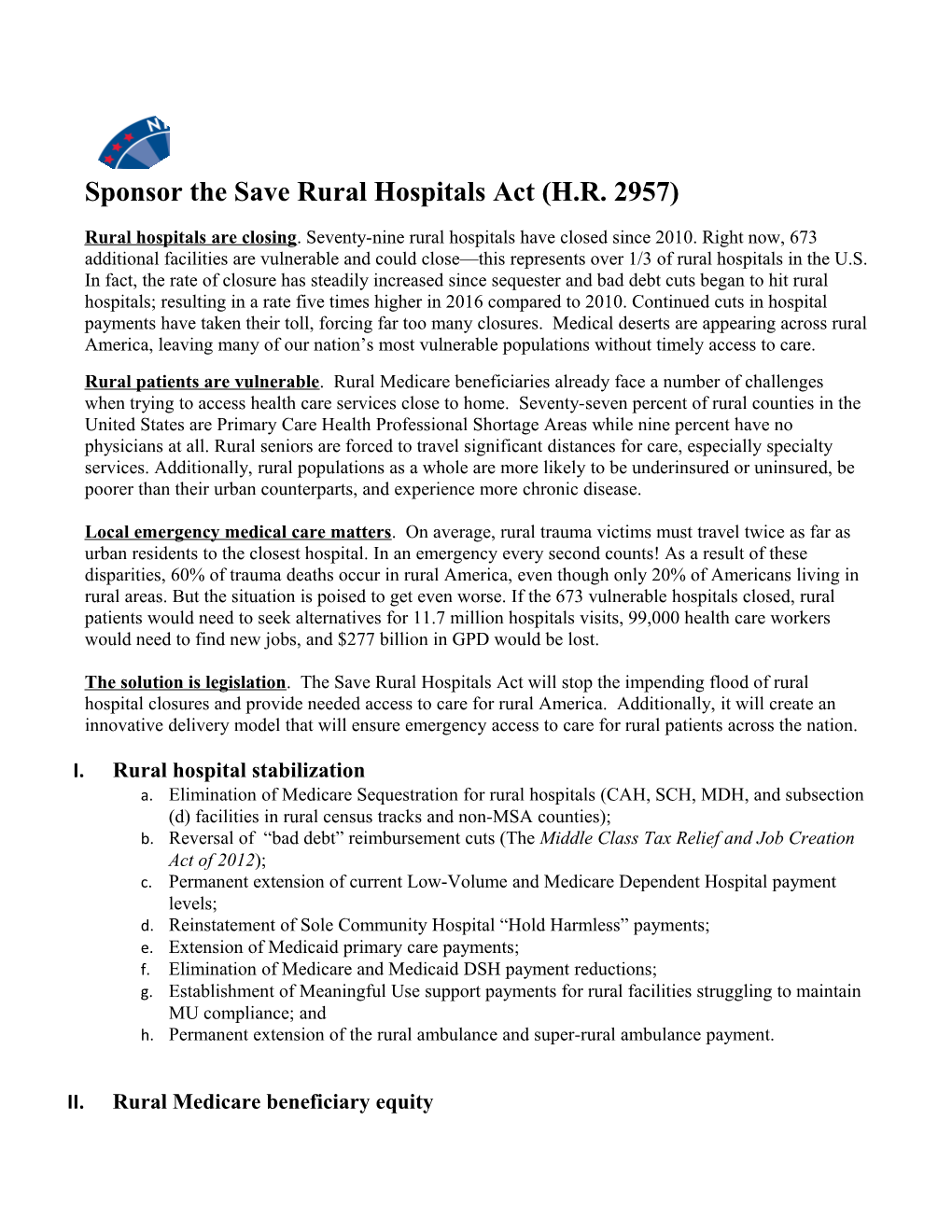 Sponsor the Save Rural Hospitals Act(H.R. 2957)