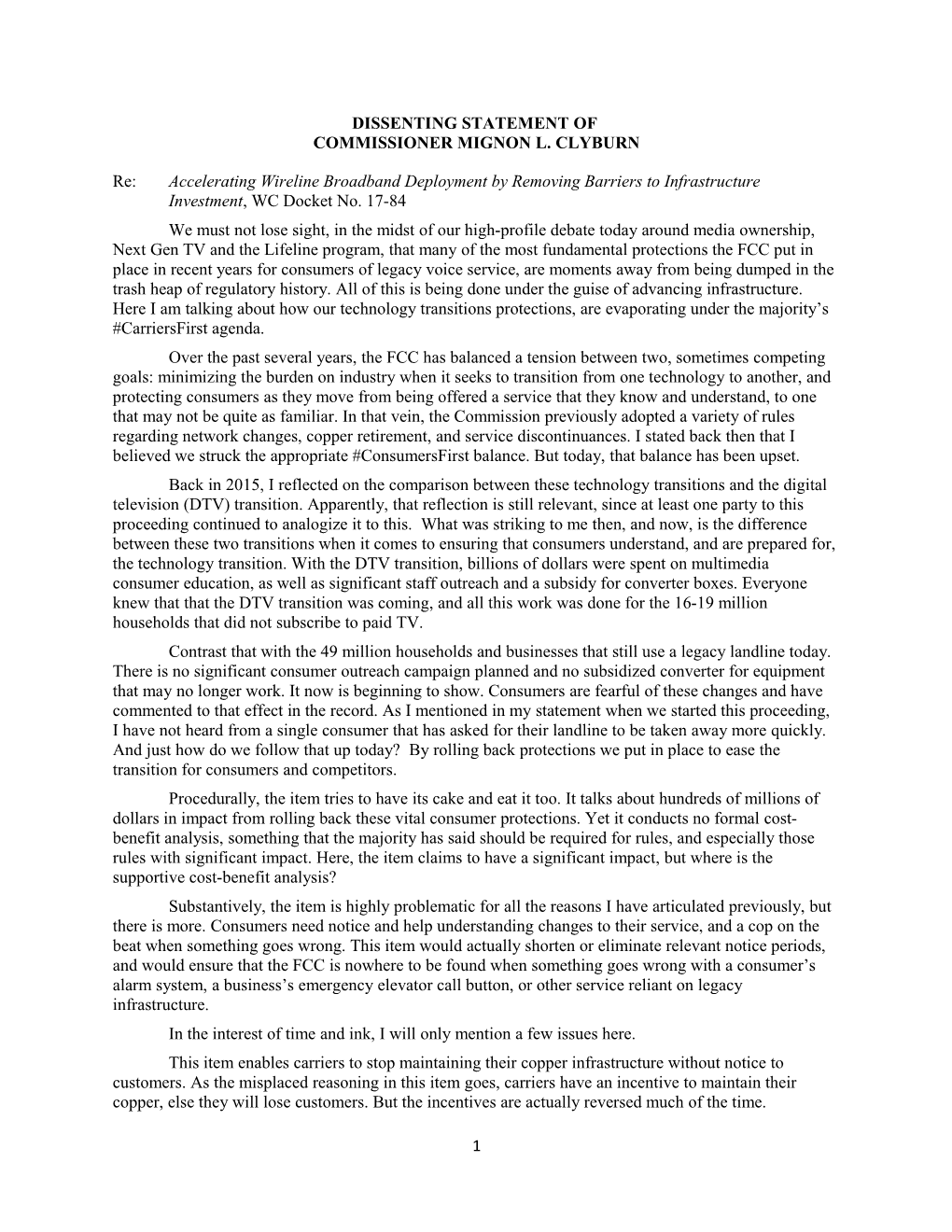 Dissenting Statement of Commissioner Mignon L. Clyburn