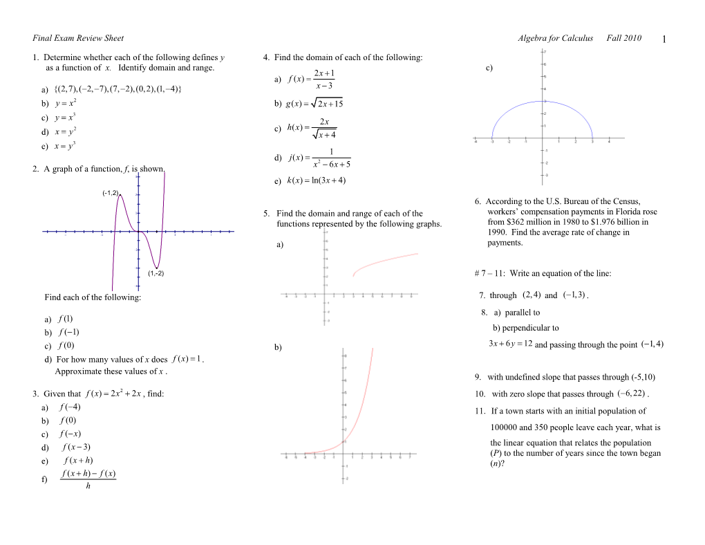 Final Exam Review Sheet Algebra for Calculus Fall 2010