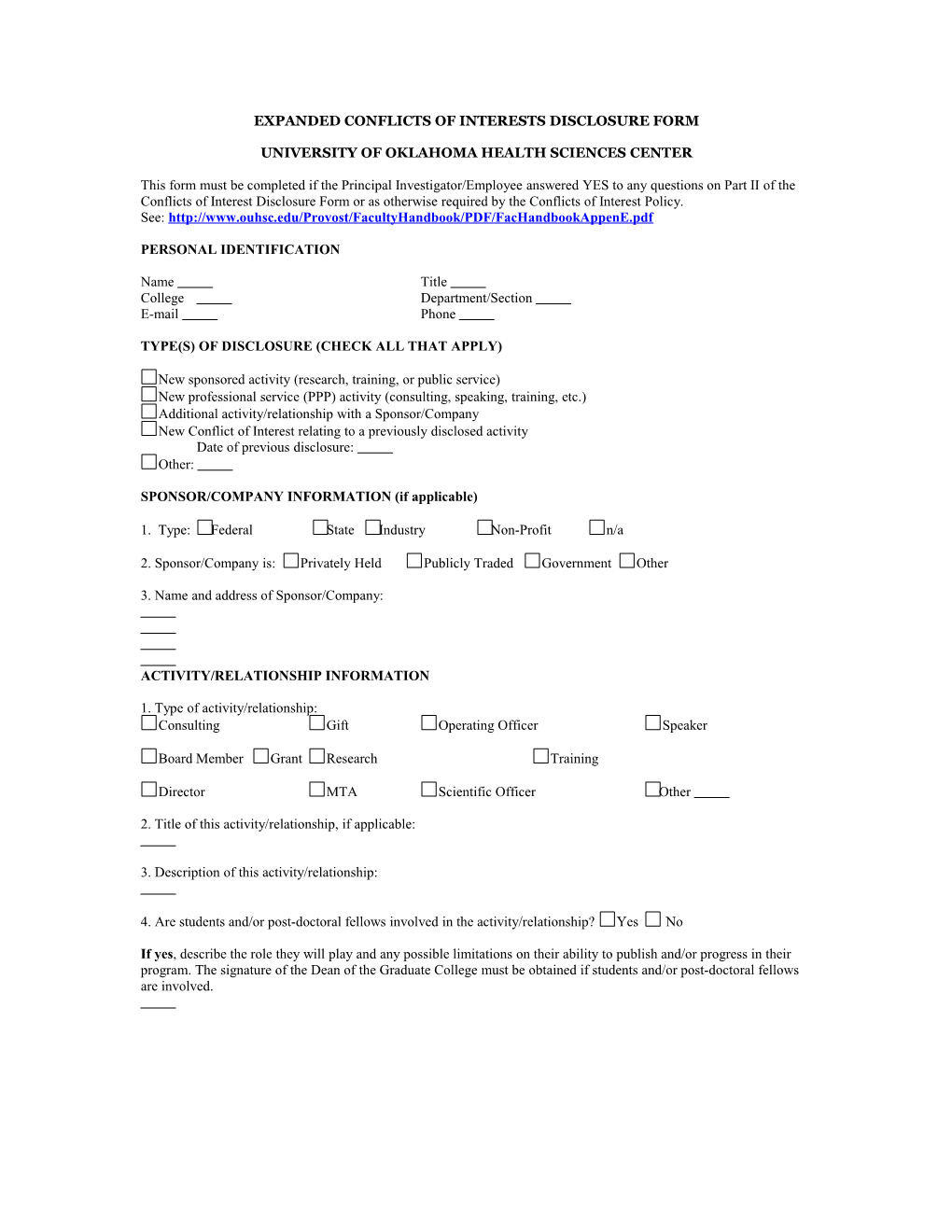 Conflicts of Interest Disclosure Form