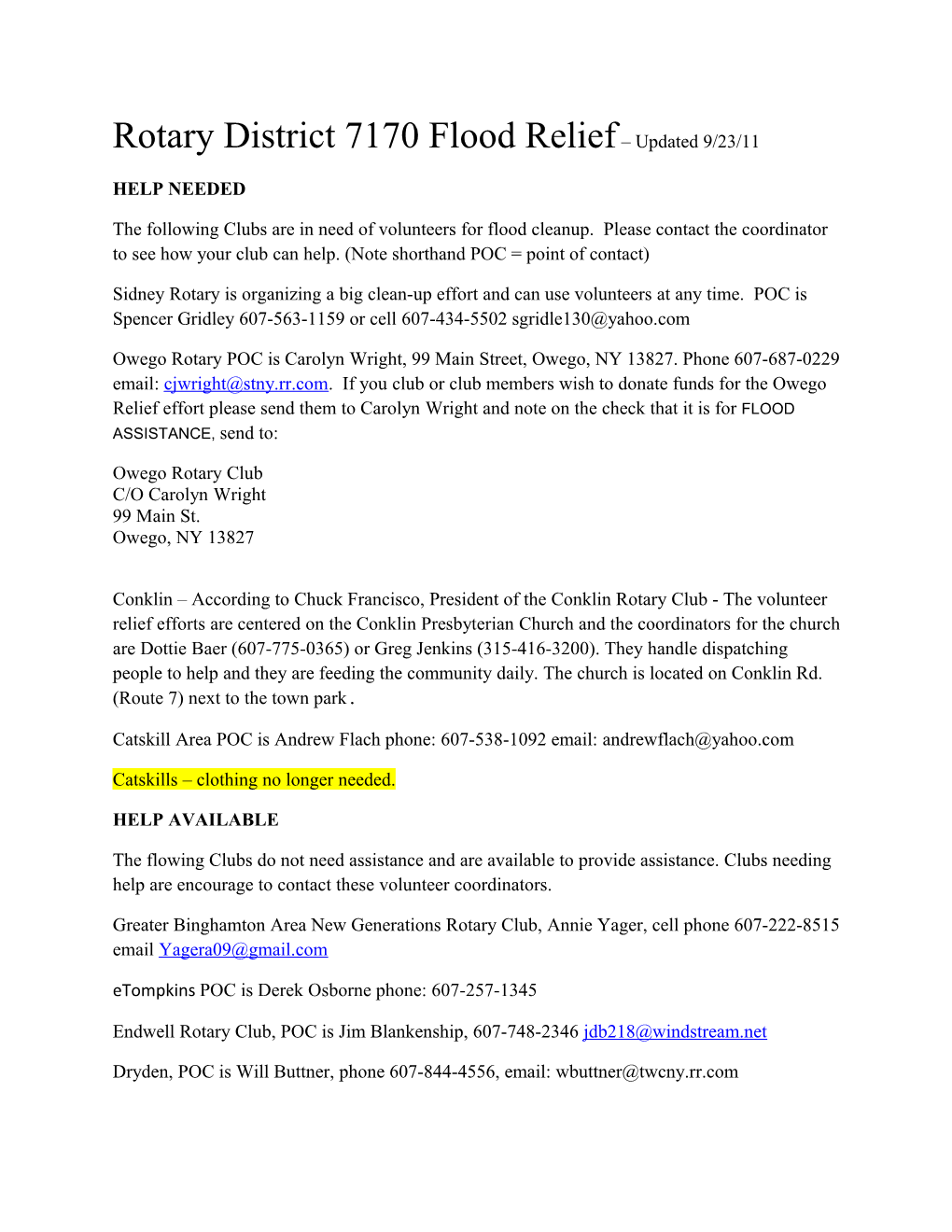 Rotary District 7170 Flood Relief Updated 9/23/11