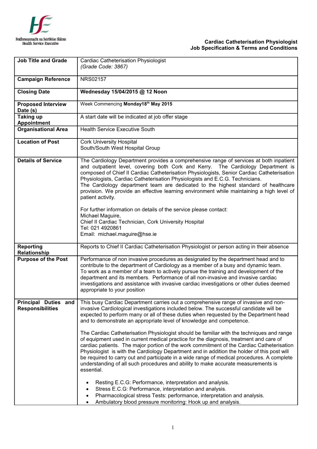 Cardiac Catheterisation Technician Staff Grade