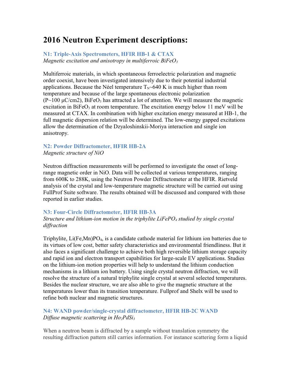 2016Neutron Experiment Descriptions