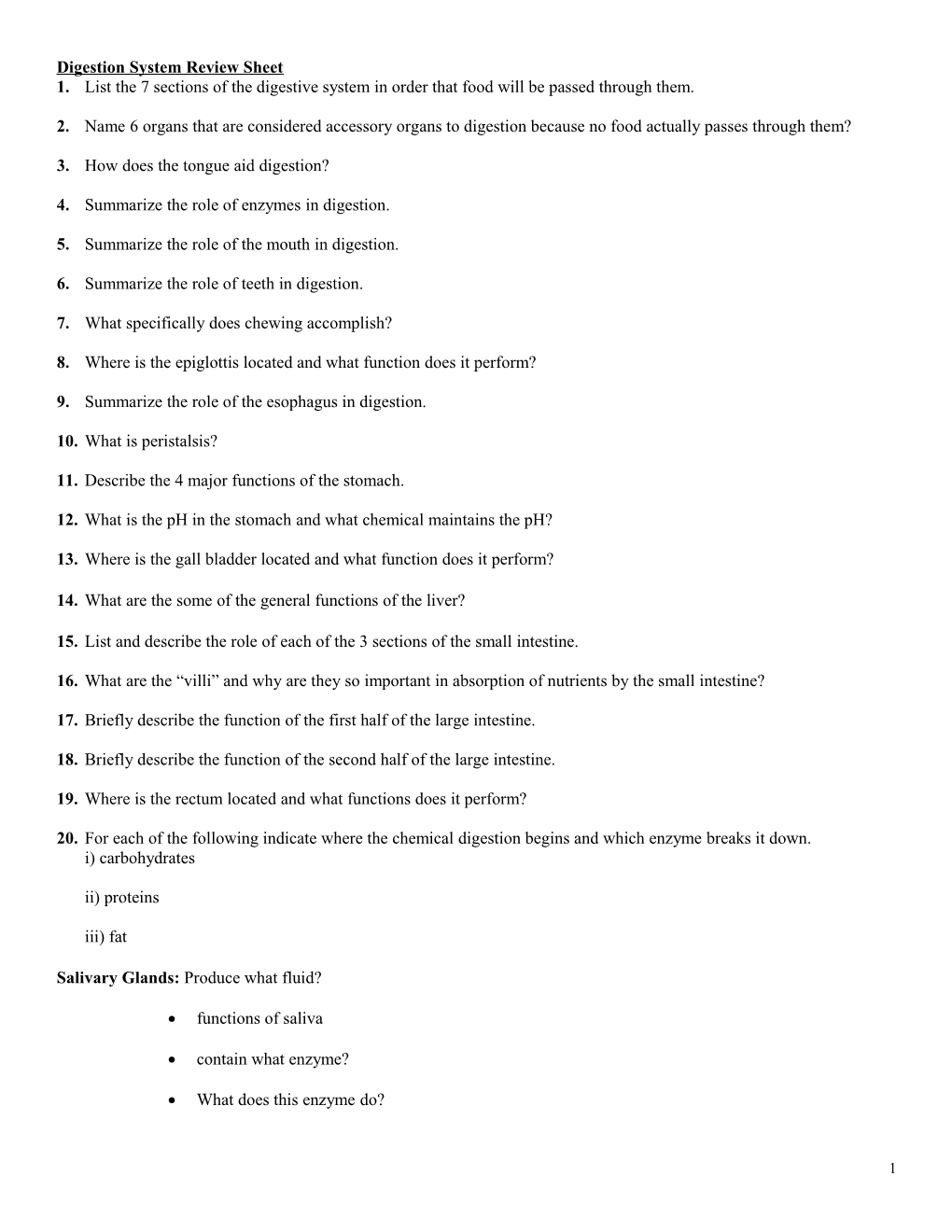 Digestion System Review Sheet