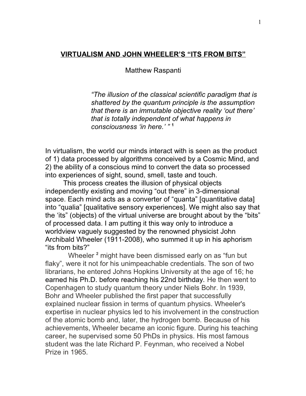 Virtualism and John Wheeler S It from Bit