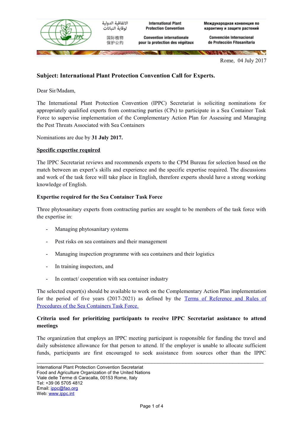 Subject:International Plant Protection Convention Call for Experts