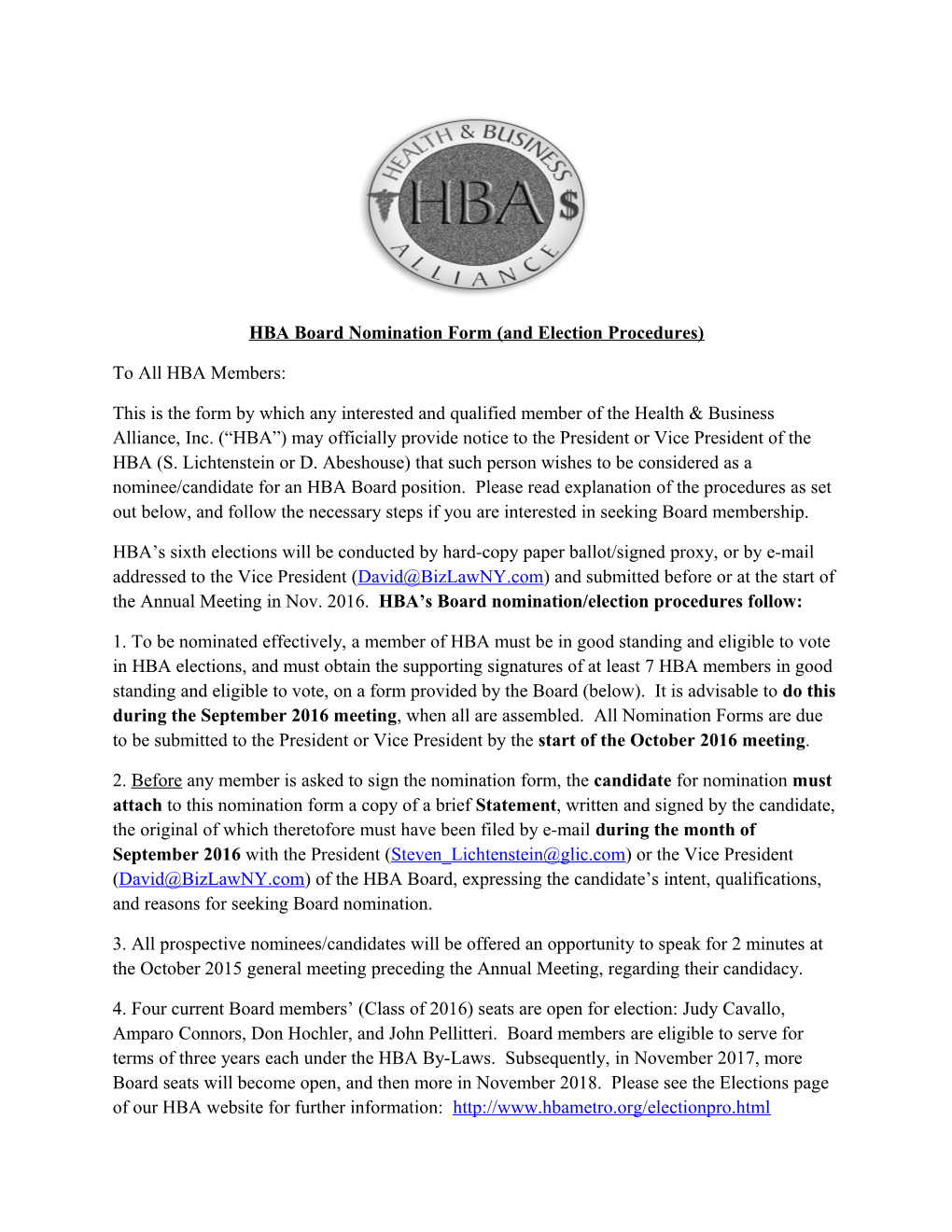 HBA Board Nomination Form (And Election Procedures)