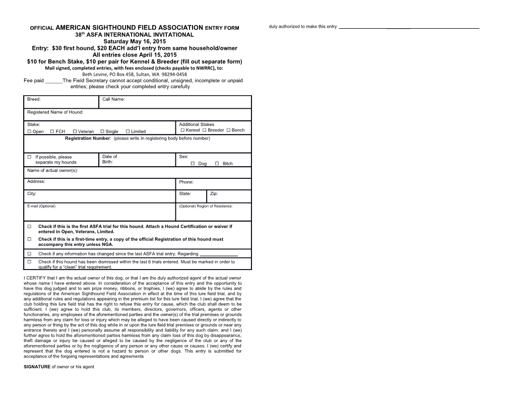 Officialamerican Sighthound Field Associationentry Form