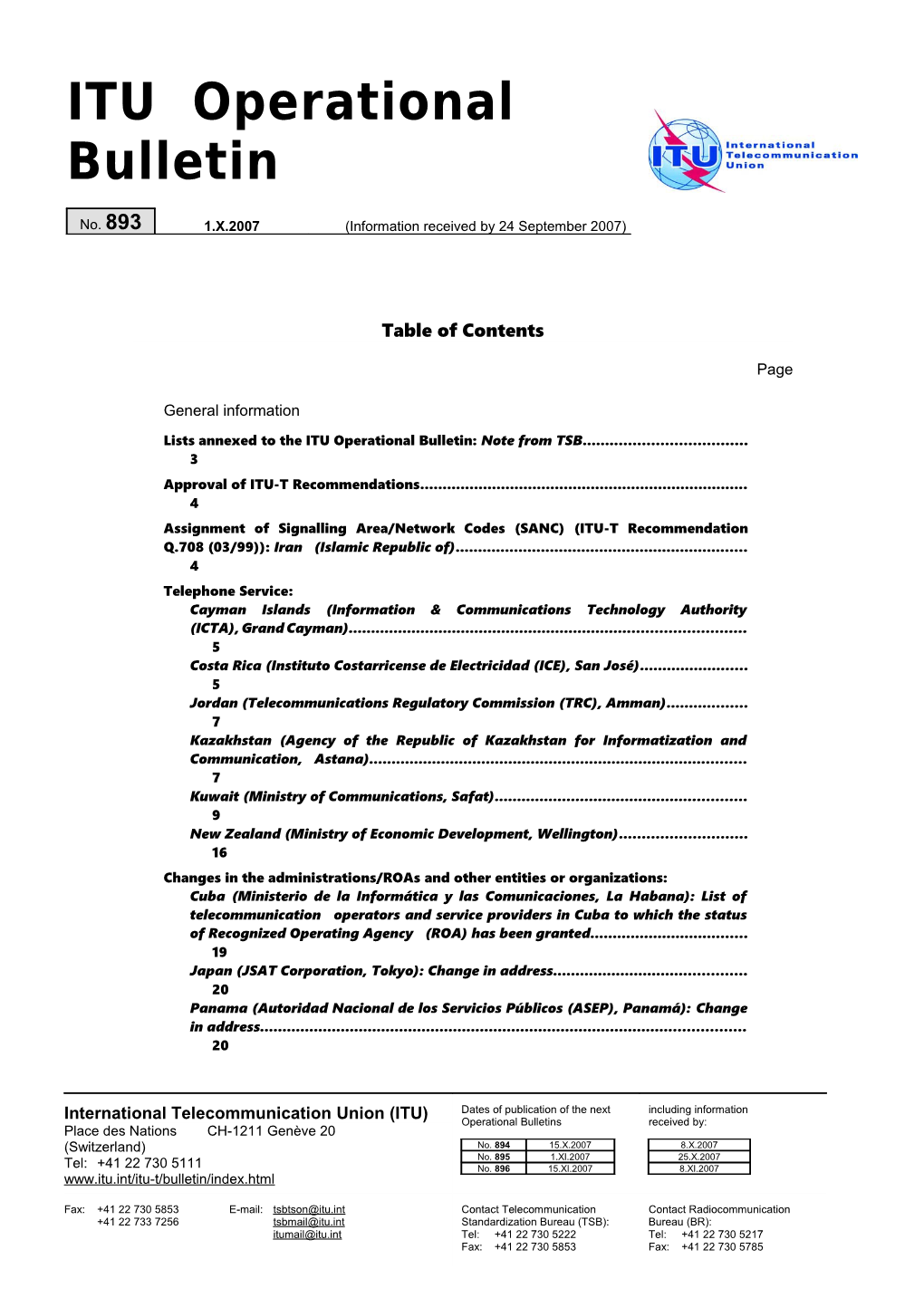 ITU Operational Bulletin No.893 Du 1.X.2007