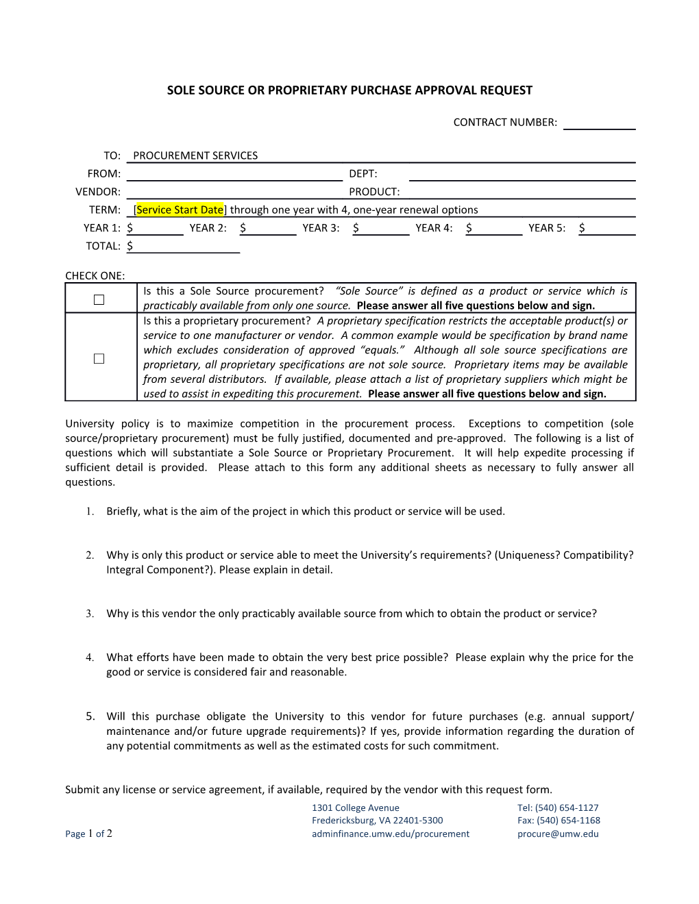 Sole Source Or Proprietary Purchase Approval Request