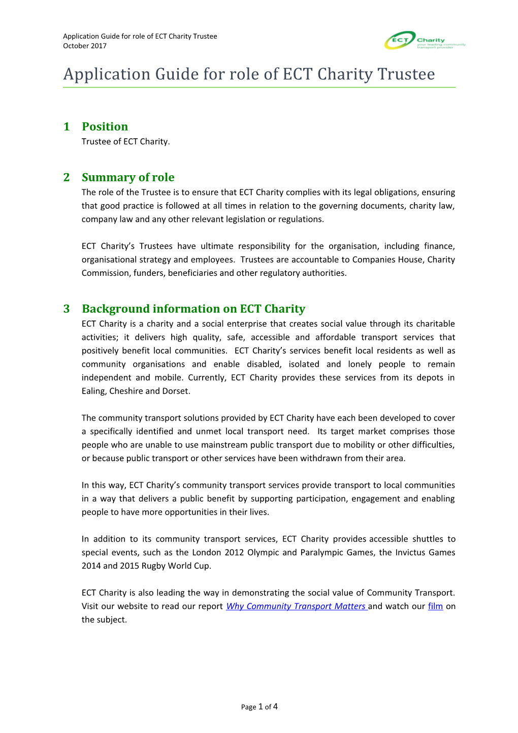 Application Guide for Role of ECT Charity Trustee