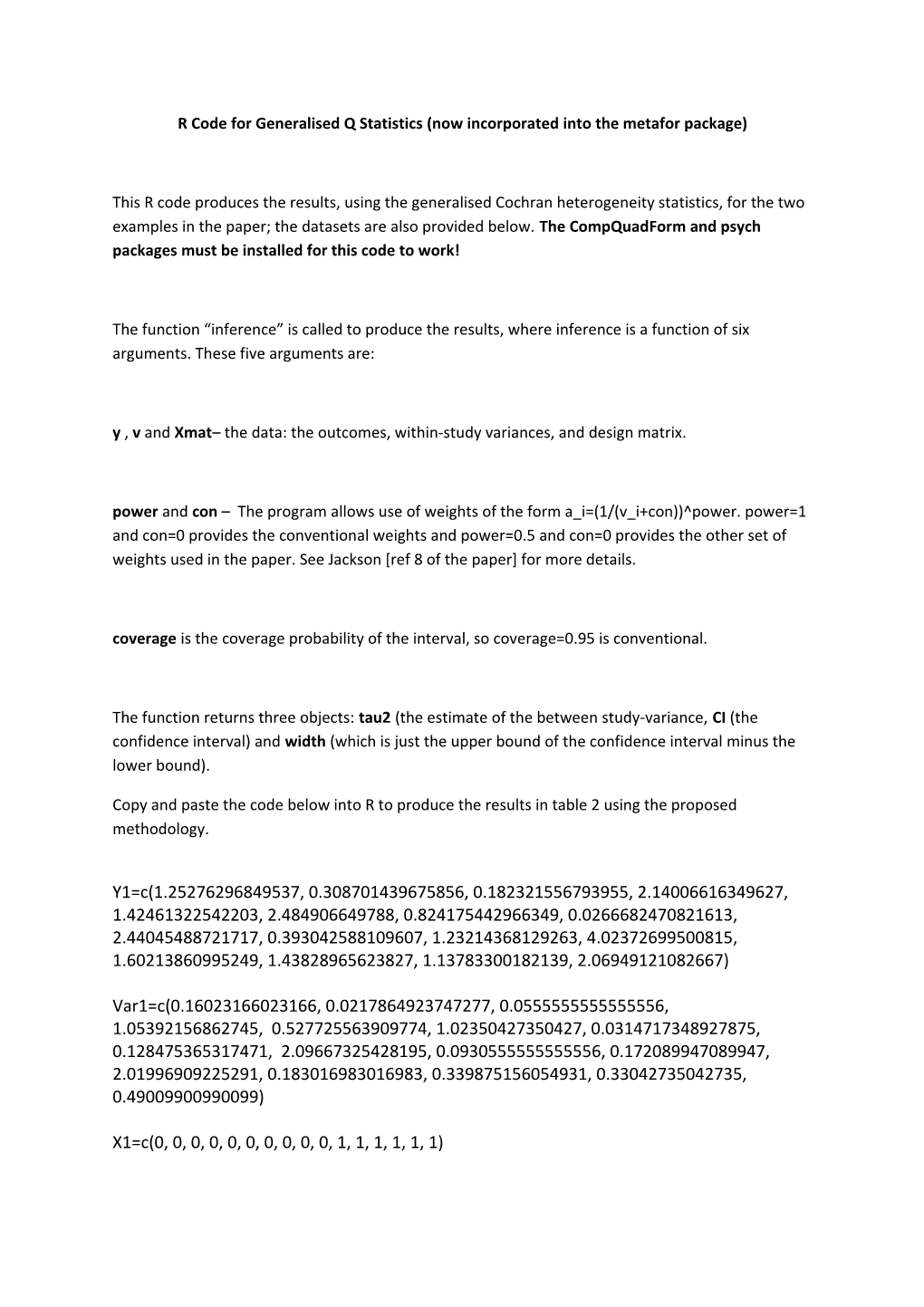 R Code for Generalised Q Statistics (Now Incorporated Into the Metafor Package)