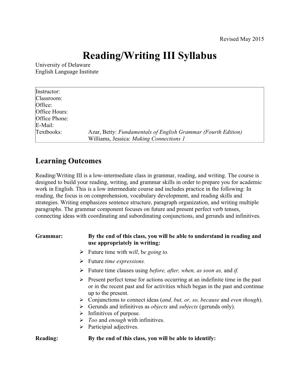 Reading/Writing III Syllabus