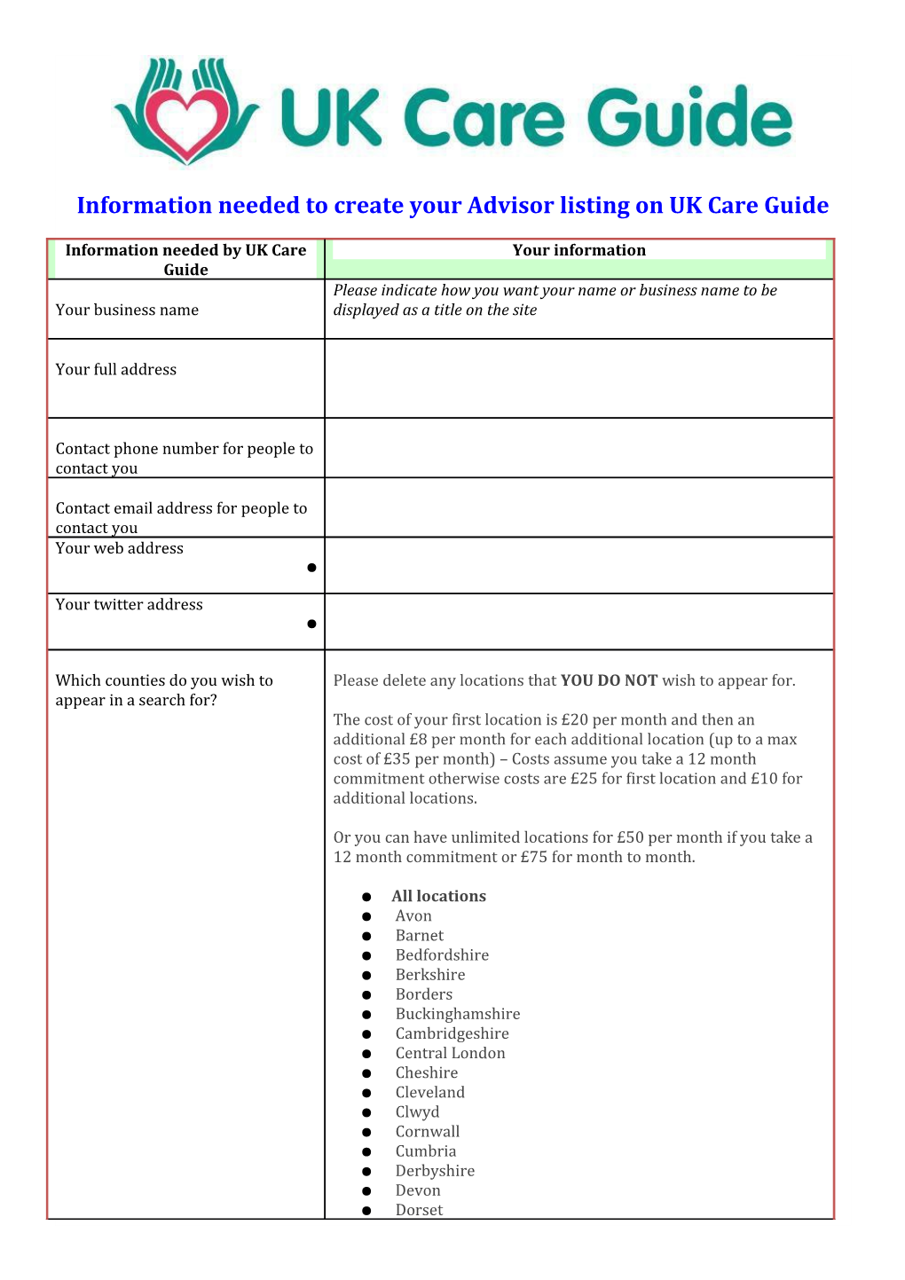 Information Needed to Create Your Advisor Listing on UK Care Guide