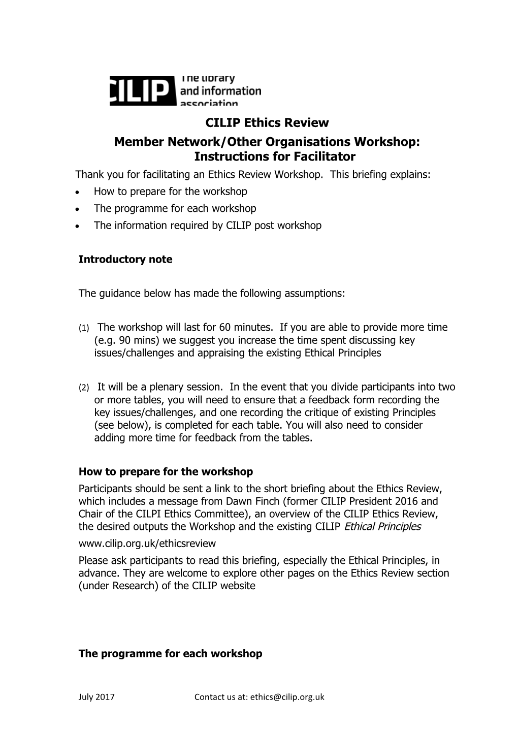 Member Network/Other Organisations Workshop: Instructions for Facilitator