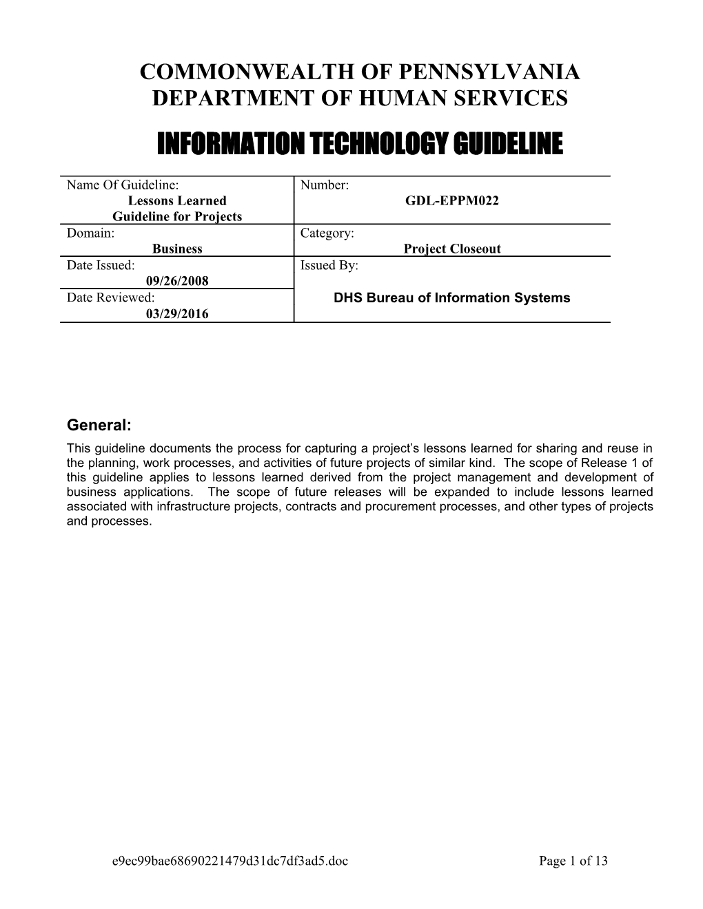 Lessons Learned Guideline for Projects