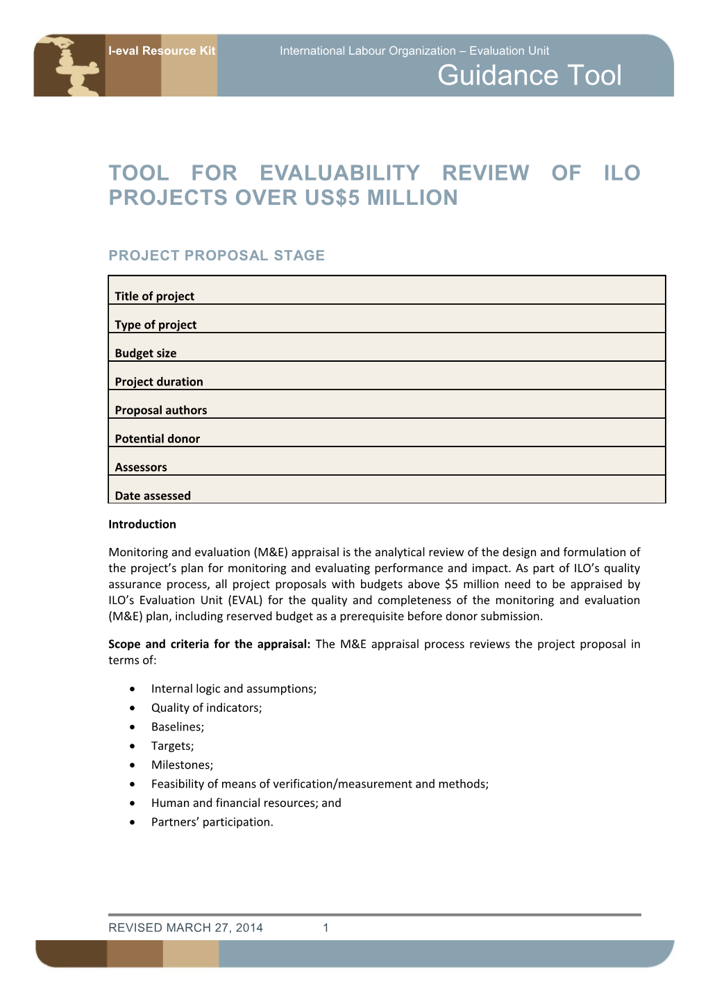 TOOL for Evaluability REVIEW of ILO PROJECTS Over US$5 MILLION