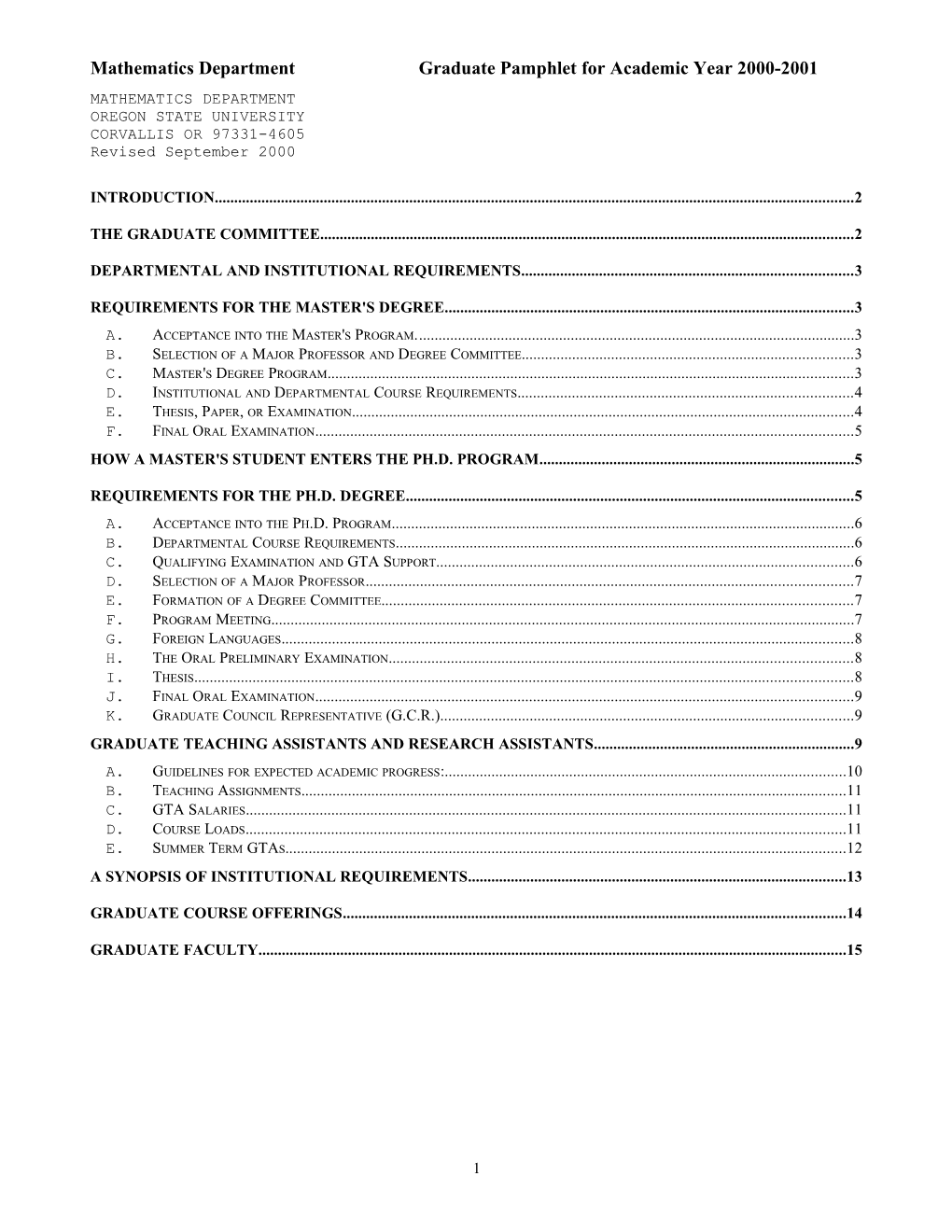 Mathematics Departmentgraduate Pamphlet for Academic Year 2000-2001