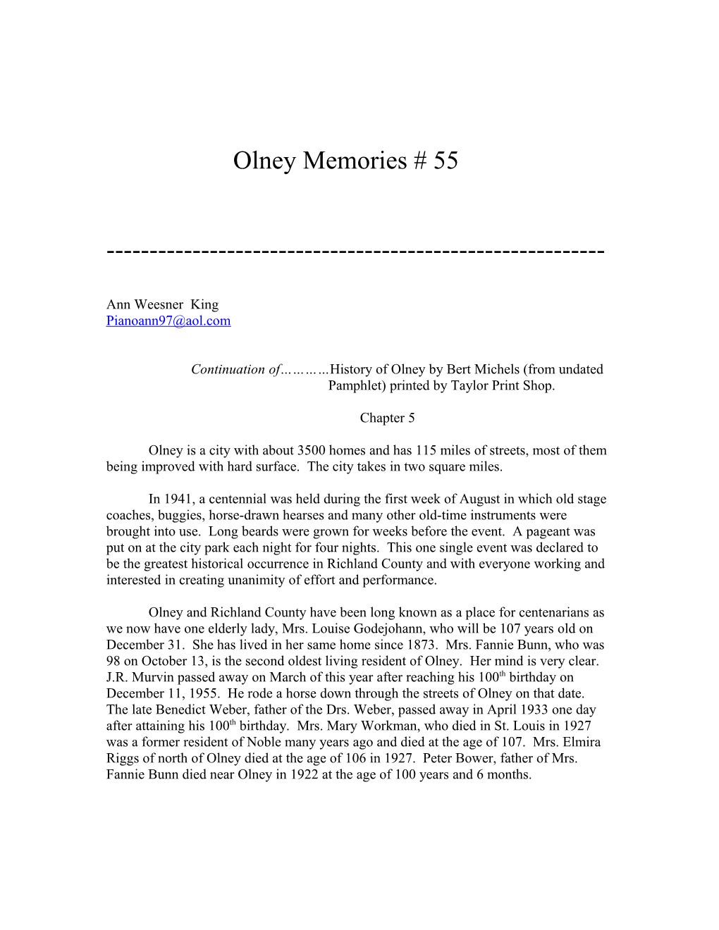 Continuation of History of Olney by Bert Michels (From Undated