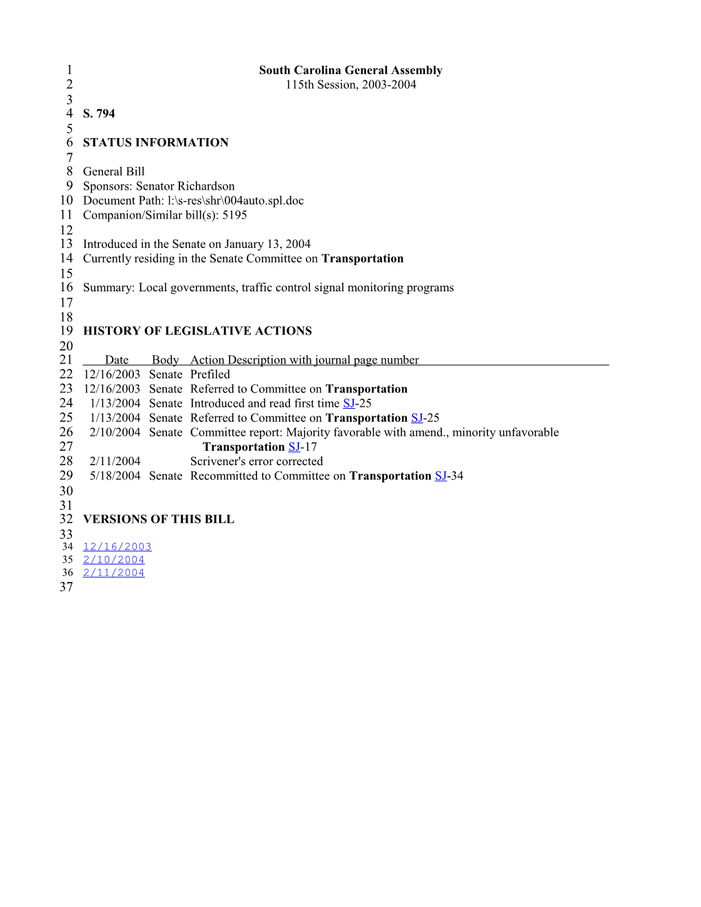 2003-2004 Bill 794: Local Governments, Traffic Control Signal Monitoring Programs - South