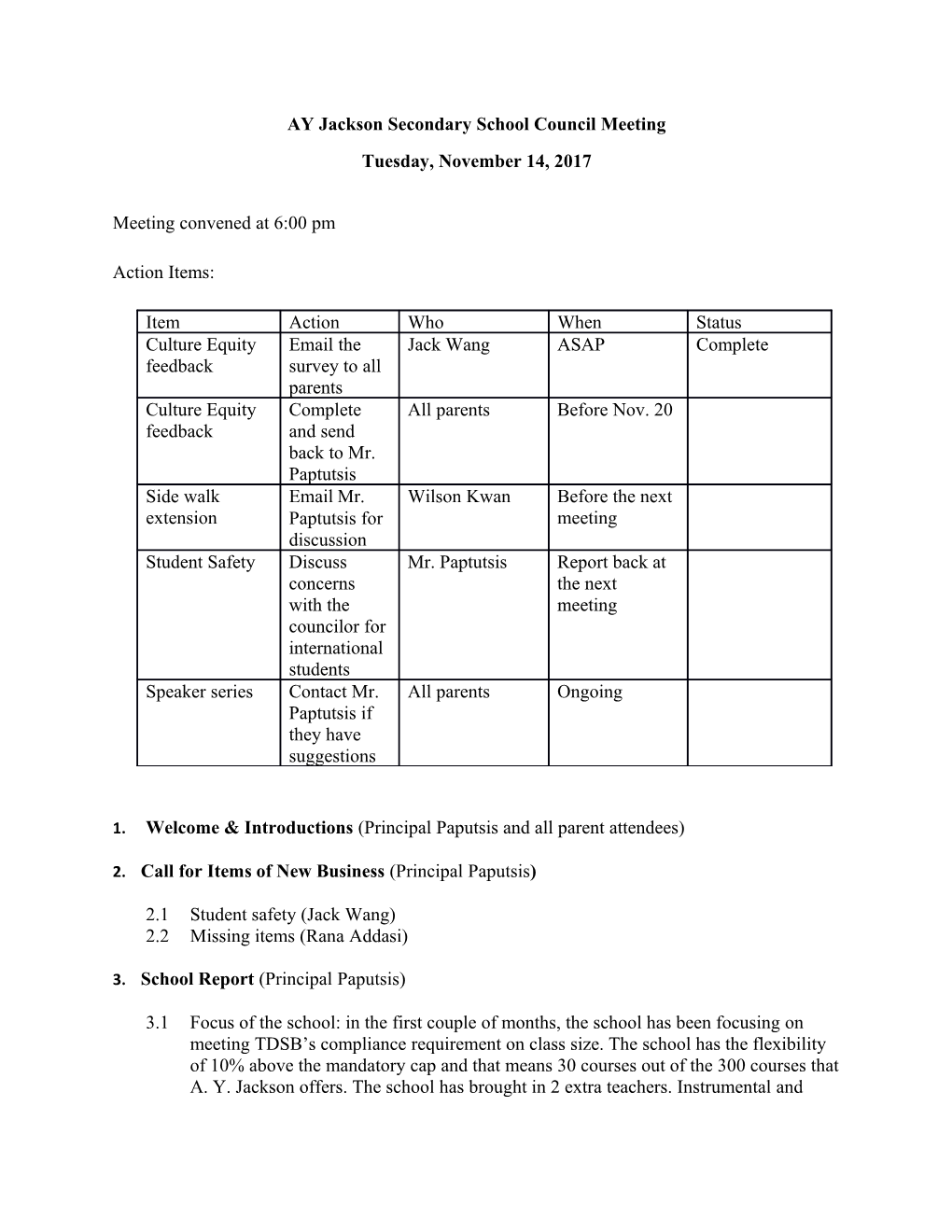 AY Jackson Secondary School Council Meeting