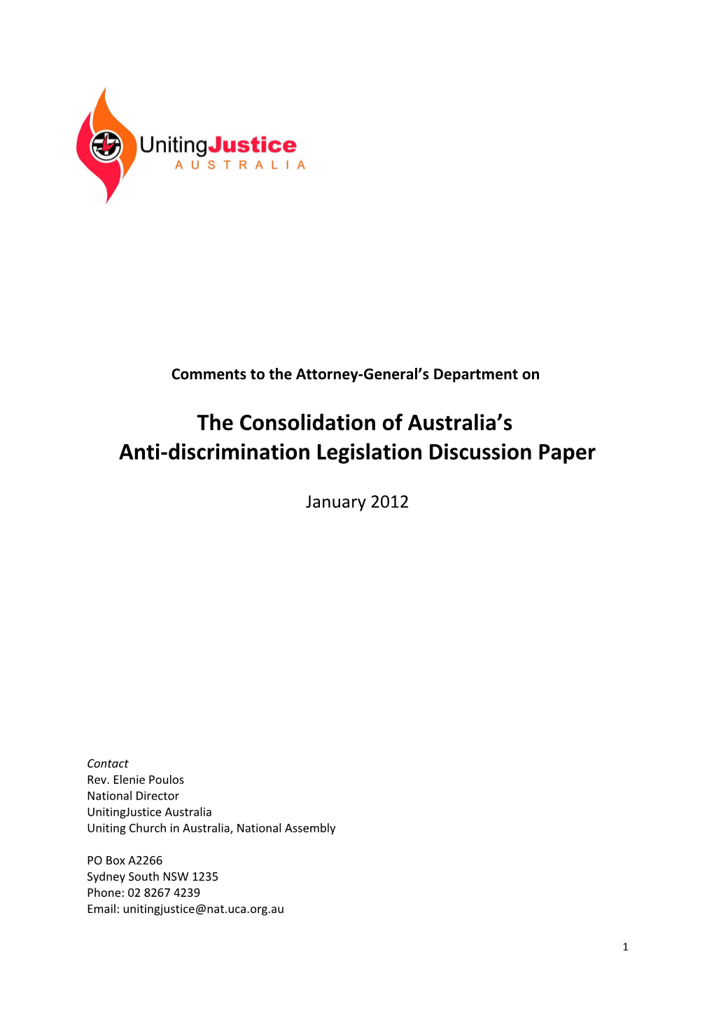 Submission on the Consolidation of Commonwealth Anti-Discrimination Laws - Unitingjustice