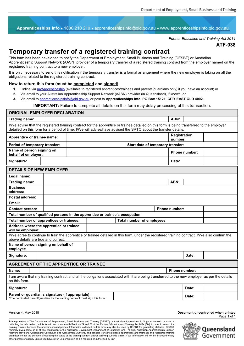 ATF-038 Temporary Transfer of a Registered Training Contract Form