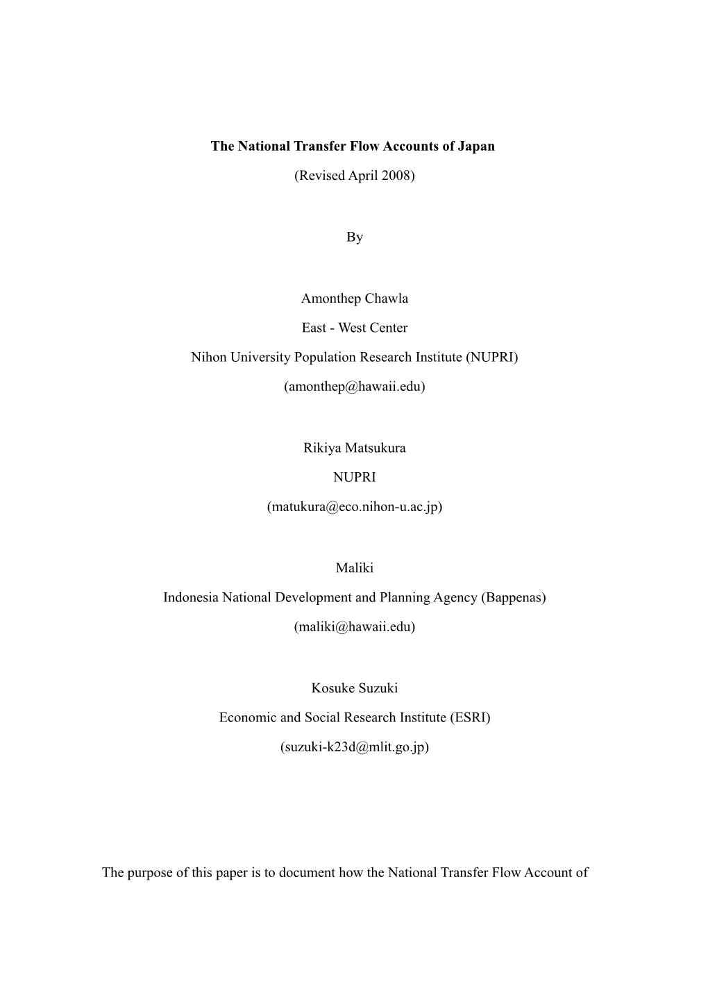 Documentation of Methodology Used to Estimate the National Transfer Flow Accounts for Japan