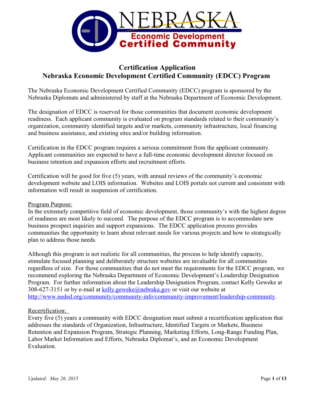Nebraska Economic Development Certified Community (EDCC) Program