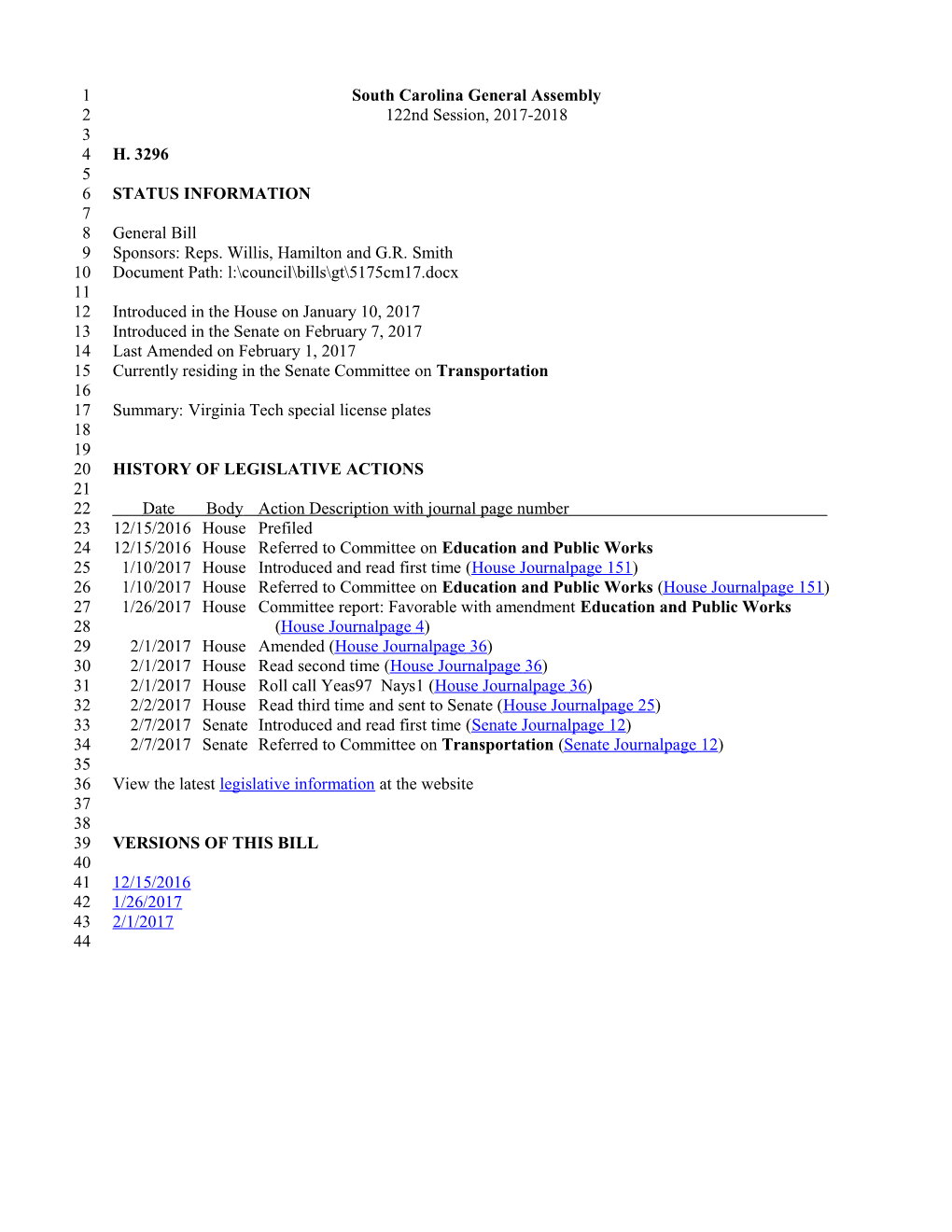 2017-2018 Bill 3296: Virginia Tech Special License Plates - South Carolina Legislature Online