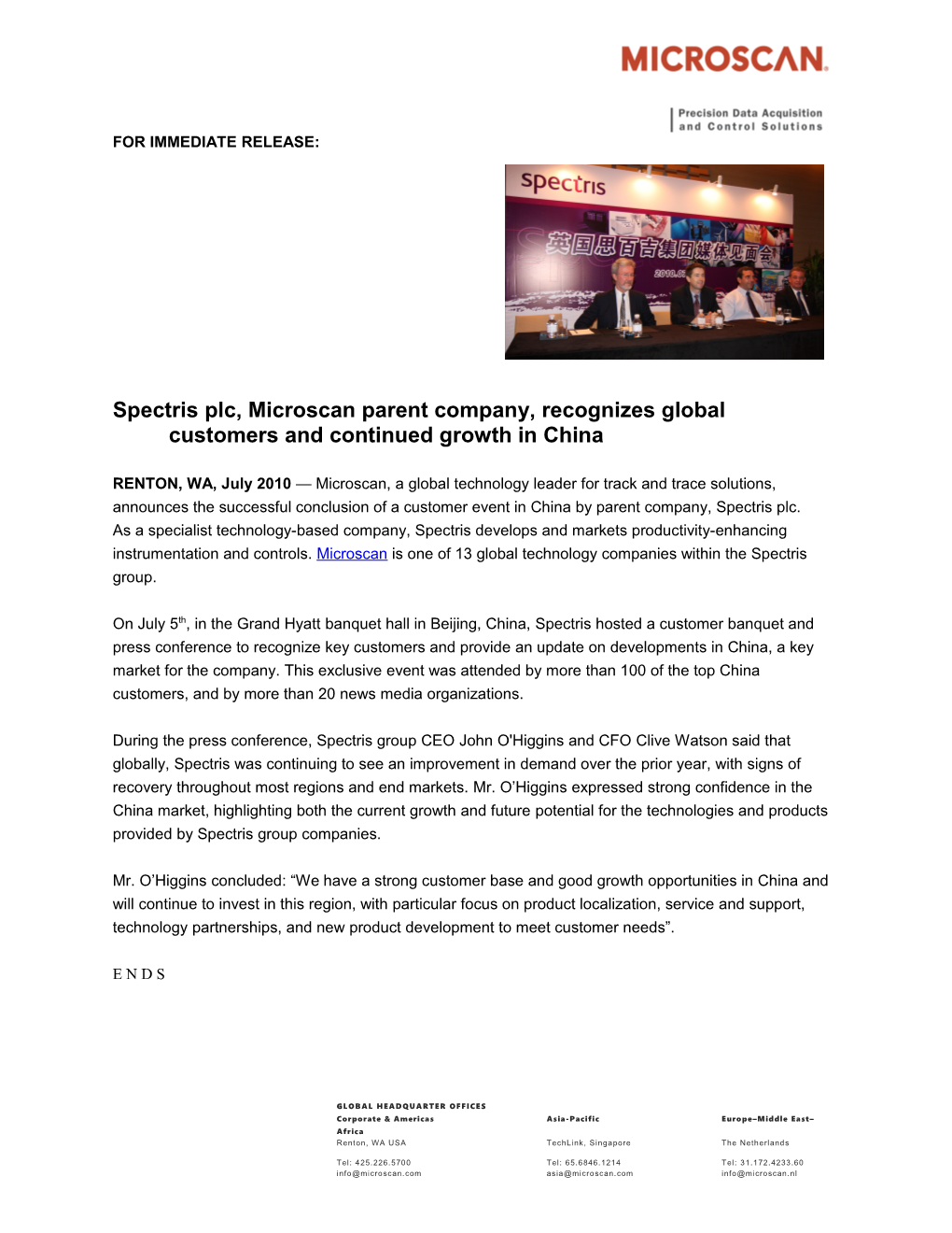 Spectris Plc, Microscan Parent Company, Recognizes Global Customers and Continuedgrowthin China