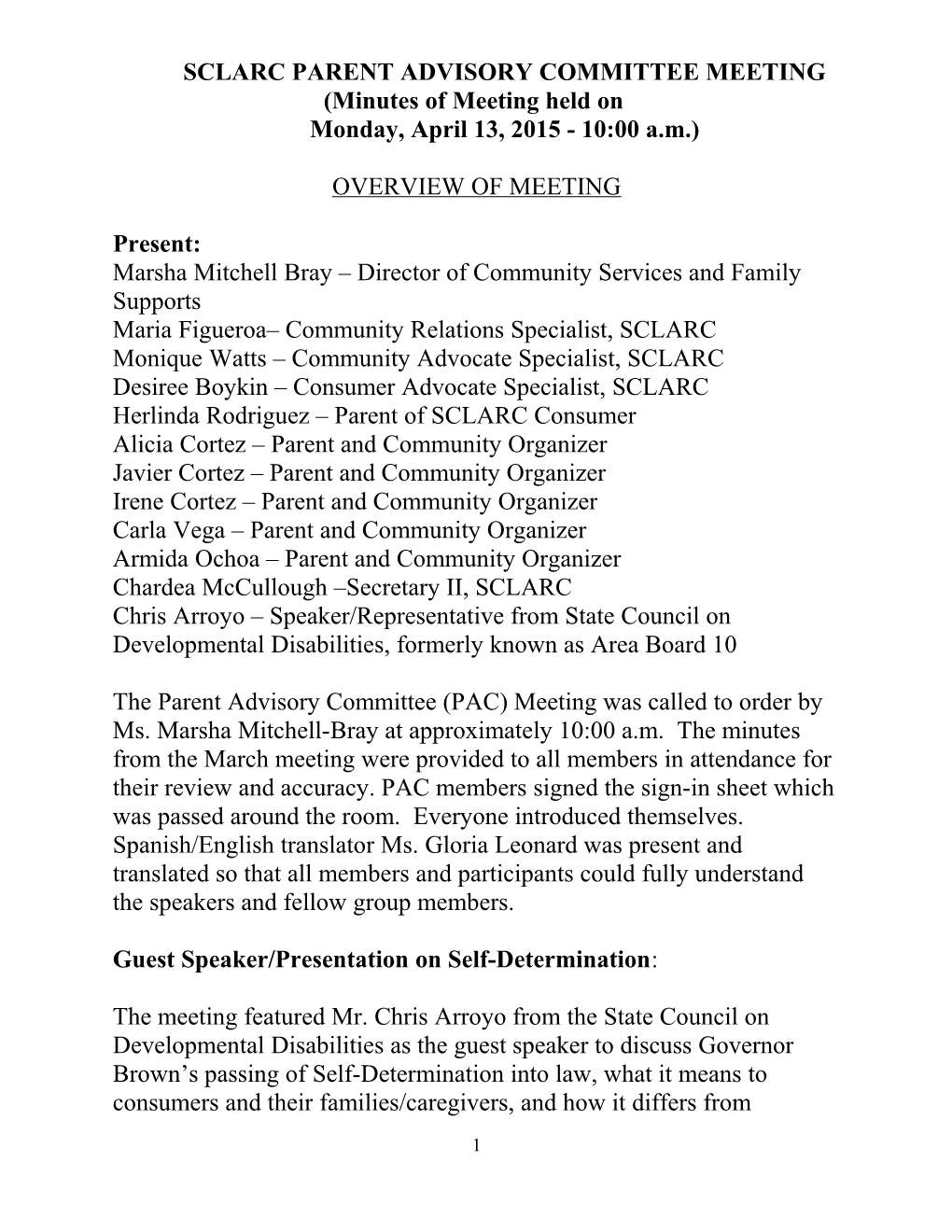 SCLARC PARENT ADVISORY COMMITTEE MEETING (Minutes of Meeting Held On