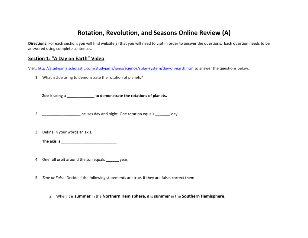 Rotation, Revolution, and Seasons Online Review (A)